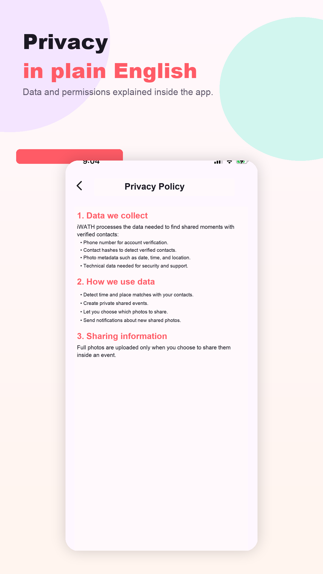 iWATH privacy and settings screen