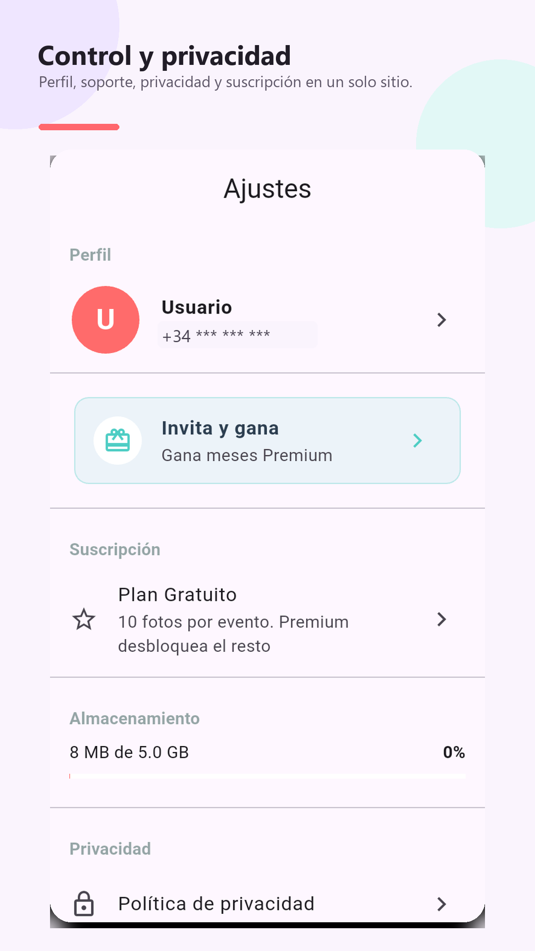 Pantalla de ajustes y privacidad de IWATH